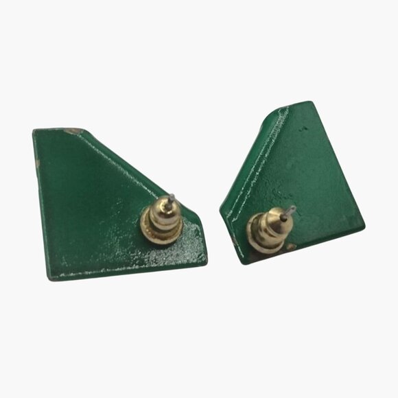 Green Geometric Earrings Metal Stud Post - Picture 4 of 5